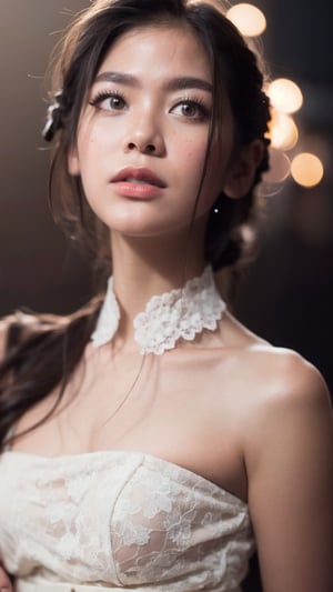 Portrait of thai girl, white lace dress halter neck, A black simple background, ((illuminating floating dust particles in the air)), high-resolution, photorealistic, lighting helps make the model look sexy.