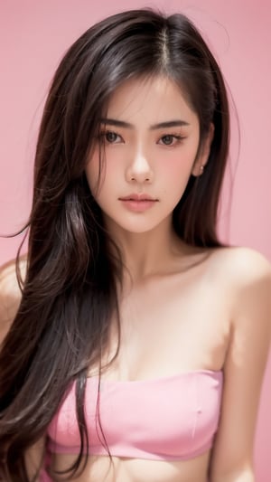 Portrait of thai girl,looking at viewer,flower behind her ear,(pink tube top),(((pink simple background))), realistic portrait, ((profile portrait))