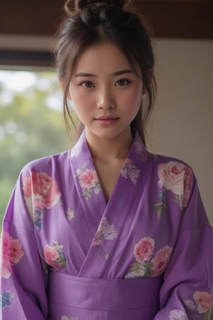 Ailada in purple floral printed pattern kimono, bokeh