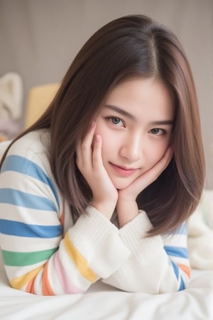 Thai girl, 24 years old with long dark brown hair and gradients brown  eyes is lying on a bed with her hands on her face. She is wearing a cottoncandy and blue striped sweater, and her hands are resting on her chin. She has a white teddy bear in her lap, and a white blanket draped over her. The blanket is adorned with a variety of colors, including yellow, green, orange, and pink. The backdrop is blurred, with a teddy in the background.,Ailada, blurry_foreground 