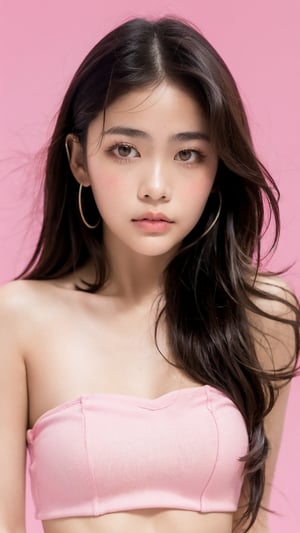 Portrait of thai girl,looking at viewer,flower behind her ear,(pink tube top),(((pink simple background))), realistic portrait, ((profile portrait))