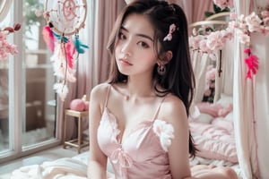 portrait of thai girl,sexy cleavage,(( setting background with colored dream catchers)), white satin off shoulders camisole , pink bedroom, perfect slim body shape, elegant sitting pose