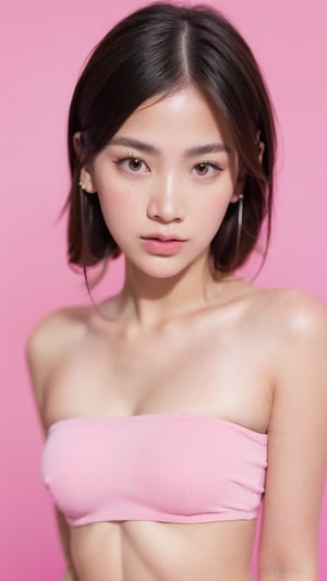 Portrait of thai girl,flower behind her ear,(pink tube top),(((pink simple background))), realistic portrait, ((profile portrait))