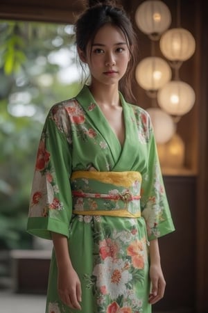 Ailada in green floral printed pattern kimono, bokeh