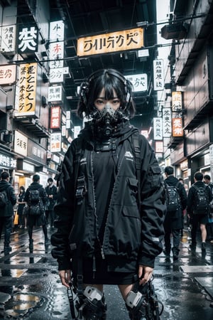 Capture a glimpse of life in the future through the lens of Japanese minimalist photography, with tones reminiscent of film camera imagery. Focus on a young woman with short hair, dressed in techwear attire and wearing a gas mask, standing amidst a desolate futuristic landscape illuminated by stark white neon lights