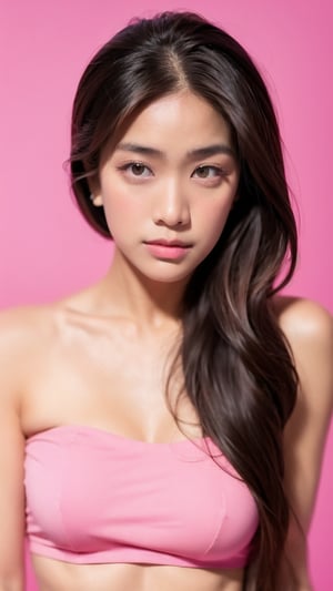 Portrait of thai girl,looking at viewer,flower behind her ear,(pink tube top),(((pink simple background))), realistic portrait, ((profile portrait))