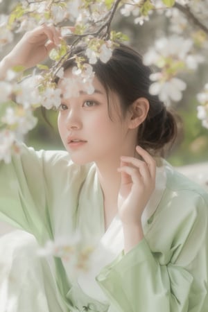 Portrait of Thai girl in pastel green kimono dress off shoulders, setting smooth blossoms background, blurry foreground with blossoms flowers, gradient eyes, soft focus, medium shot , raised hands up to upper branches 