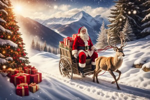 outdoor, snowy, mountain path, mountain path with heavy snow blowing, Santa Claus sitting in cart attached to deer, (warm and bright color tones), (soft diffused lighting), masterpiece, top quality, detailmaster2, ral-chrcrts, christmas,skptheme