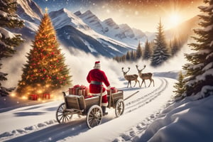 outdoor, snowy, mountain path, mountain path with heavy snow blowing, Santa Claus sitting in cart attached to deer, (warm and bright color tones), (soft diffused lighting), masterpiece, top quality, detailmaster2, ral-chrcrts, christmas,skptheme
