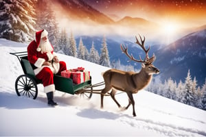 outdoor, snowy, mountain path, mountain path with heavy snow blowing, Santa Claus sitting in cart attached to deer, (warm and bright color tones), (soft diffused lighting), masterpiece, top quality, detailmaster2, ral-chrcrts, christmas