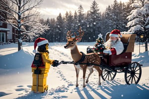 Lego themed,  outdoor,  snowing,  in front of house,  a Santa claus is sitting on a cart connected with deer,  (Warm and bright color tones),  (Soft diffuse lighting),  masterpiece,  best quality,  detailmaster2,ral-chrcrts
