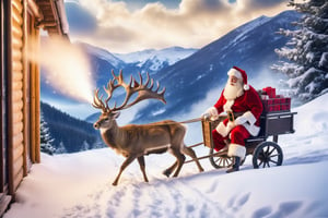 outdoor, snowy, mountain path, mountain path with heavy snow blowing, Santa Claus sitting in cart attached to deer, (warm and bright color tones), (soft diffused lighting), masterpiece, top quality, detailmaster2, ral-chrcrts, christmas