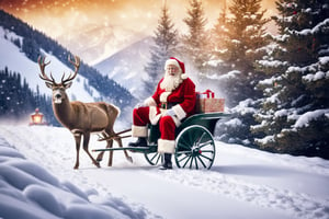 outdoor, snowy, mountain path, mountain path with heavy snow blowing, Santa Claus sitting in cart attached to deer, (warm and bright color tones), (soft diffused lighting), masterpiece, top quality, detailmaster2, ral-chrcrts, christmas