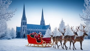 Santa Claus riding a sleigh pulled by deer. A white Christmas scene covered in snow in front of a cathedral with a Christmas tree. Santa Claus riding a sleigh pulled by deer. A sleigh full of gifts. Festive atmosphere and a smile.