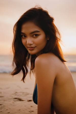 A stunning Thai girl poses elegantly on a tropical beach at sunset. Her long, dark hair flows gently in the ocean breeze as she gazes out at the waves with a sensual expression. Her beautiful features are accentuated by the soft lighting, highlighting her flat-chested figure and radiant smile. (((photirealism:1.4))), (((detailed brown eyes:1.4)))