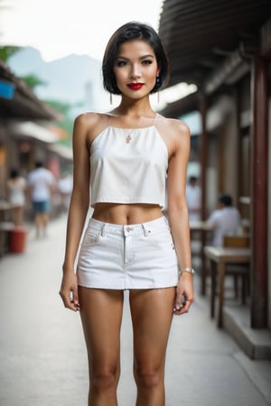 1girl, Thai, 26 years old, solo, breasts, looking at viewer, short hair, backdrop is a coffeeshop, black hair, navel, brown eyes, jewelry, standing, collarbone, cowboy shot, earrings, (((very small breasts, almost flat-chested:1.4))), midriff, pants, nail polish, lips, crop top, red nails, hoop earrings, realistic, white pants, town square as backdrop.,(((photorealism:1.4))),Thai 