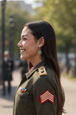 looking straight ahead, side_view,1girl, military_uniform, solo, long hair, smile, brown hair, jewelry, necklace,
,warrior