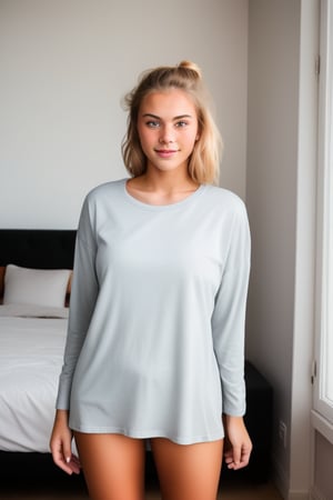 a blond European girl, 20years old, waking up in her bedroom in the morning, long tshirt, no bra, 