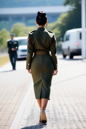 walking away from the camera,Woman ,Hero military uniform, cute ass, (((tight long skirt))), black hair bun, 