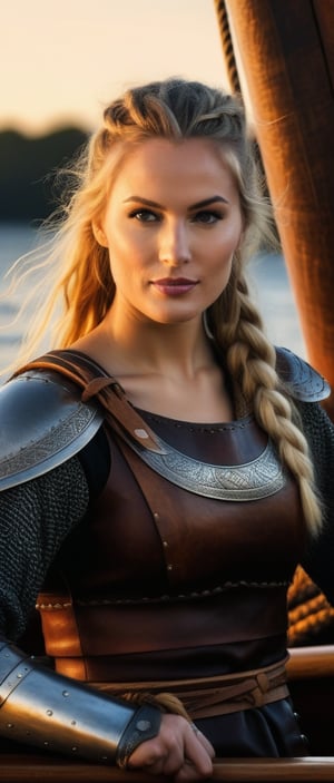 a fierce, beautiful, female Viking warrior leaning against the hull of a Viking boat, evening light, high quality photograph --ar 9:16,(((photorealistic:1.4)))