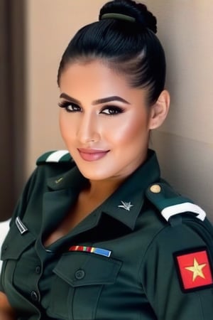 Sexy female soldier, hair in army regulations bun, black hair, short partydress, relaxing, smile, half-body_portrait, 