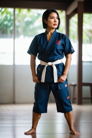 Chrissie, a confident 26-year-old Thai woman with short black hair and brown eyes, stands in her martial arts outfit, as she is in practice, the outfit  accentuate her toned physique as she gazes directly at us with determination on her lips.  Chrissie's strong posture radiates focus as she practices martial arts, her arms held in a powerful stance, highlighting her flexibility and agility.