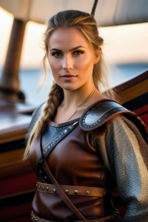 a fierce, beautiful, female Viking warrior leaning against the hull of a Viking boat, evening light, high quality photograph --ar 9:16,(((photorealistic:1.4)))