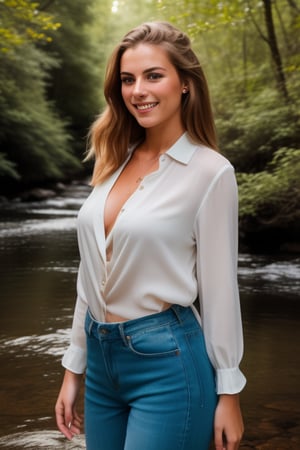 photograph of a woman with long messy auburn hair and light-colored perfect eyes walks through a forest, calm stream in the background, wearing an unbuttoned blouse showing off a bit of cleavage, smiling, happy, enjoying life, sunlight reflects off of the water saturating the scene, dynamic pose, casting shadow style, extremely intricate details, masterpiece, epic, clear shadows and highlights, realistic, intense, enhanced contrast, highly detailed skin soft lighting, so the viewer focuses on the girl