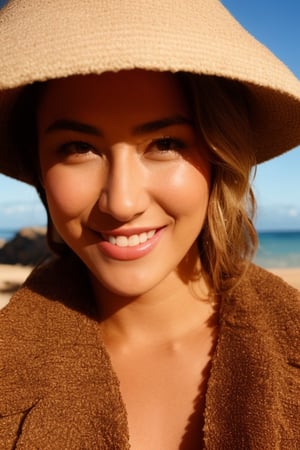 Closeup picture: A young college woman, tousled blonde hair falling around her shoulders like a golden waterfall, sits confidently on her knees in the warm sand of a sun-kissed beach. Her legs opened, Her glasses perch perfectly on the bridge of her nose, adding to her endearing and innocent charm. A beautiful smile spreads across her face, accentuating the gentle curves of her cheeks and nose. The bikini top showcases her impressive cleavage, while the camera's focus remains sharp on every detail, from the delicate curls framing her face to the intricate patterns on her glasses. As the worm's-eye view captures the scene, the crotch-shot emphasizes the enticing shape beneath the fabric. Photorealism shines through in this intimate portrait, with every strand of hair and grain of sand meticulously rendered.