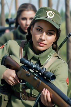 Olga is a female sniper. She is in green uniform, skirt, aiming at an enemy.,(((photorealism:1.4)))