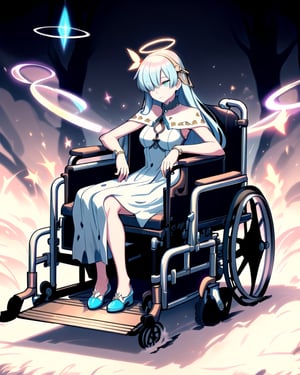 Girl 28 years old, in wheelchair, blind eyes, looks like Anastasia Fate, light magic, sacred magic, beauty face. White clothes, golden accessories, correct_anatomy, fantasy wheelchair, golden wheelchair with arcane simbols. Dress with lightblue details, halo over his head, correct wheelchair, wheelchair with golden details, correct fingers, correct hair, correct wheelchair shape, correct shoes


