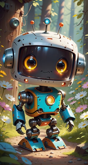 Craft a prompt for an endearing little robot, radiating cuteness. Picture its charming features, playful demeanor, and a backdrop that enhances the overall adorableness. Request a super cute image that sparks joy