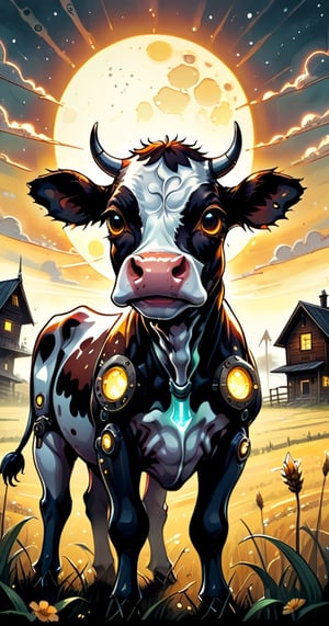 cuteness overload, 2d, flat, splatter ink, liquid ink, paint dripping, sci-fi, futuristic, fairytale, biomechanical glass rusty steampunk metal transparent cute happy cyborg cow rye field, farm house, biomechanical glass cyborg parts, glowing eyes, fragility, dynamic pose, intricated, filigree, glowing eyes, sunbeams, Craola, Dan Mumford, Andy Kehoe, otherworldly, cute creepy, celestial, complex background, spring sunset, cute, adorable, ultra highly detailed, cinematic, masterpiece, art on a cracked paper, vintage, patchwork