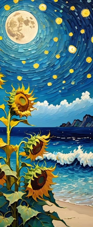 By Van gogh, stars, moon, night,sunflowers in the Japanese vace , oil painting, highly detailed, sharpness, dynamic lighting, super detailing, van gogh starry nights background, painterley effect, post impressionism, ,oil painting, tropical beach