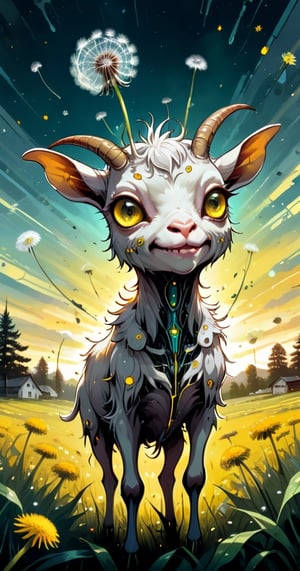 cuteness overload, 2d, flat, splatter ink, liquid ink, paint dripping, sci-fi, futuristic, fairytale, biomechanical glass metal transparent cute happy cyborg goat gremlin creature made of dandelion flowers. spring trees. rye field, farm house, biomechanical glass cyborg parts, glowing eyes, fragility, dynamic pose, intricated, filigree, glowing eyes, sunbeams, Craola, Dan Mumford, Andy Kehoe, otherworldly, cute creepy, celestial, complex background, spring sunset, cute, adorable, ultra highly detailed, cinematic, masterpiece, art on a cracked paper, vintage, patchwork