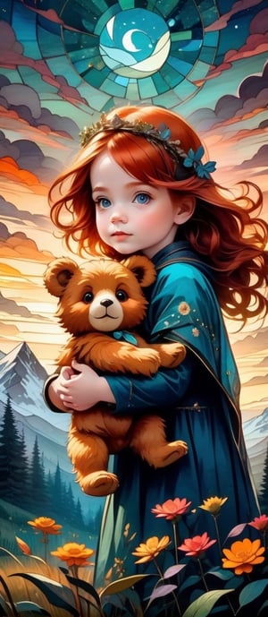 mail art ,animal spirit, wild, ritualistic, two parts in one art,  double exposure,  best quality, dark tales, close up baby girl 5 years old well-dressed ginger-haired girl holding  detailed little fluffy teddy bear in hands, big eyes, detailed face,   mountains, sunset, Craola, Dan Mumford, Andy Kehoe, 2d, flat, cute, adorable, vintage, art on a cracked paper, fairytale, patchwork,  stained glass, storybook detailed illustration, cinematic, ultra highly detailed, tiny details, beautiful details, mystical, luminism, vibrant colors, complex background, 