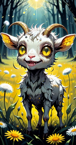 cuteness overload, 2d, flat, splatter ink, liquid ink, paint dripping, sci-fi, futuristic, fairytale, biomechanical glass metal transparent cute happy cyborg goat gremlin creature made of dandelion flowers. spring trees. rye field, farm house, biomechanical glass cyborg parts, glowing eyes, fragility, dynamic pose, intricated, filigree, glowing eyes, sunbeams, Craola, Dan Mumford, Andy Kehoe, otherworldly, cute creepy, celestial, complex background, spring sunset, cute, adorable, ultra highly detailed, cinematic, masterpiece, art on a cracked paper, vintage, patchwork