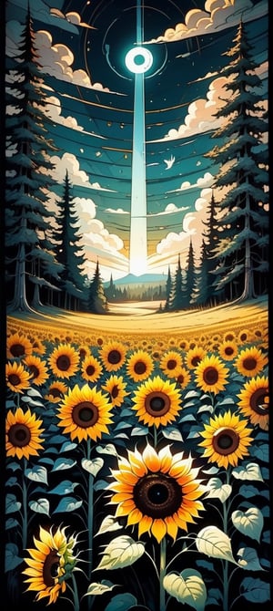   two parts in one art, double exposure, best quality, dark tales, close up big  detailed sunflower looking at me, big eye, sunset, field,  Craola, Dan Mumford, Andy Kehoe, 2d, flat, cute, adorable, vintage, art on a cracked paper, fairytale, patchwork, stained glass, storybook detailed illustration, cinematic, ultra highly detailed, tiny details, beautiful details, mystical, luminism, vibrant colors, complex background,