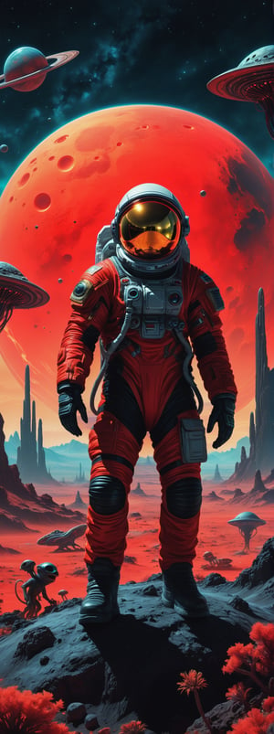 A lost but calm astronaut on a planet surrounded by monstrous scared aliens. and the planet dresses skies and landscapes in neon red , black and neon 
Gold colors,