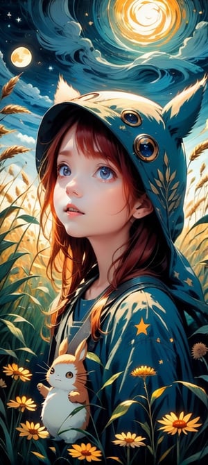 fine art,  oil painting, two parts in one art, double exposure, best quality, dark tales,   close up cute tiny ginger-haired girl and big detailed  Totoro  in a rye field under Van Gogh starry sky,  forest, detailed face, big eyes Craola, Dan Mumford, Andy Kehoe, 2d, flat, cute, adorable, vintage, art on a cracked paper, fairytale, storybook detailed illustration, cinematic, ultra highly detailed, tiny details, beautiful details, mystical, luminism, vibrant colors, complex background,