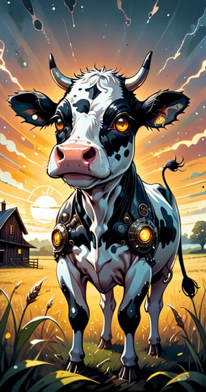 cuteness overload, 2d, flat, splatter ink, liquid ink, paint dripping, sci-fi, futuristic, fairytale, biomechanical glass rusty steampunk metal transparent cute happy cyborg cow rye field, farm house, biomechanical glass cyborg parts, glowing eyes, fragility, dynamic pose, intricated, filigree, glowing eyes, sunbeams, Craola, Dan Mumford, Andy Kehoe, otherworldly, cute creepy, celestial, complex background, spring sunset, cute, adorable, ultra highly detailed, cinematic, masterpiece, art on a cracked paper, vintage, patchwork