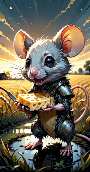 cuteness overload, 2d, flat, splatter ink, liquid ink, paint dripping, sci-fi, futuristic, fairytale, biomechanical glass rusty steampunk metal transparent cute happy mouse eating cheese  rye field, farm house, biomechanical glass cyborg parts, glowing eyes, fragility, dynamic pose, intricated, filigree, glowing eyes, sunbeams, Craola, Dan Mumford, Andy Kehoe, otherworldly, cute creepy, celestial, complex background, spring sunset, cute, adorable, ultra highly detailed, cinematic, masterpiece, art on a cracked paper, vintage, patchwork