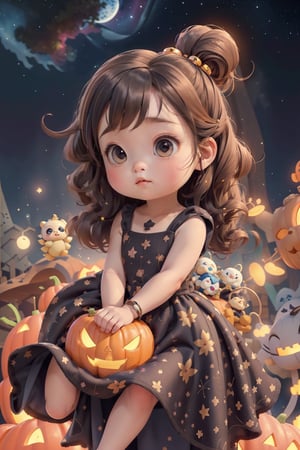 ((best quality)), ((masterpiece)), ((best quality)), 1girl, Admiral hair, curly hair, Sapphire eyes, embarrassed, Sapphire pumpkin dress, leaning back, night sky, pumpkin, upper body, ((Chibi)),1 girl,yuzu,More Detail