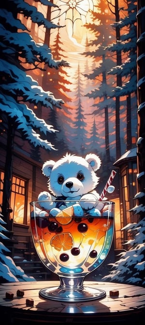 delightful drink,   two parts in one art, double exposure, best quality, dark tales, close up cute white teddy bear drinking an extremely detailed  choco cocktail,  smoke, marshmallow. table. window. forest winter  sunset, detailed face, big eyes  Craola, Dan Mumford, Andy Kehoe, 2d, flat, cute, adorable, vintage, art on a cracked paper, fairytale, patchwork, stained glass, storybook detailed illustration, cinematic, ultra highly detailed, tiny details, beautiful details, mystical, luminism, vibrant colors, complex background,