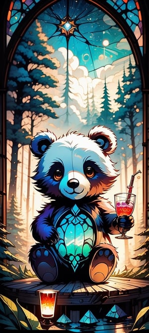  delightful drink,   two parts in one art, double exposure, best quality, dark tales, close up cute white teddy bear drinking an extremely detailed  choco cocktail,  smoke, marshmallow. table. window. forest winter  sunset, detailed face, big eyes  Craola, Dan Mumford, Andy Kehoe, 2d, flat, cute, adorable, vintage, art on a cracked paper, fairytale, patchwork, stained glass, storybook detailed illustration, cinematic, ultra highly detailed, tiny details, beautiful details, mystical, luminism, vibrant colors, complex background,