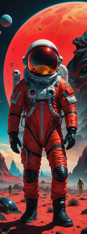 A lost but calm astronaut on a planet surrounded by monstrous scared aliens. and the planet dresses skies and landscapes in neon red , black and neon 
Gold colors,
