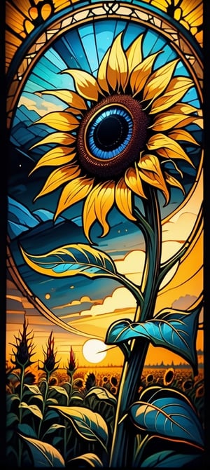   two parts in one art, double exposure, best quality, dark tales, close up big  detailed sunflower looking at me, big eye, sunset, field,  Craola, Dan Mumford, Andy Kehoe, 2d, flat, cute, adorable, vintage, art on a cracked paper, fairytale, patchwork, stained glass, storybook detailed illustration, cinematic, ultra highly detailed, tiny details, beautiful details, mystical, luminism, vibrant colors, complex background,