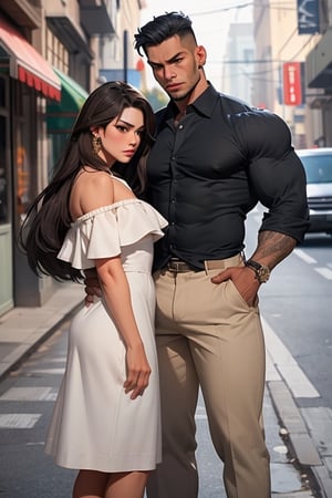 (masterpiece,  best quality:1.4).
A portrait of a woman looking at a man with hope on the street,

Woman (sweet, brown long hair, brown eyes, off-the-shoulder white dress), BREAK, Asian Handsome muscular Man (black hair, neat, black shirt, fierce, aggressive),