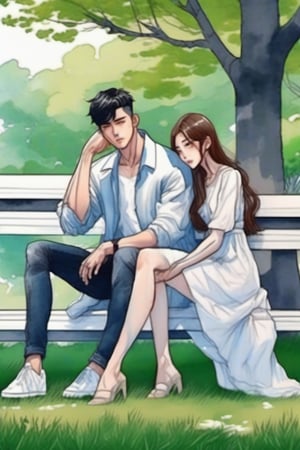 Couple pose, sitting in the park, korean illustration for webtoon, novel poster, 2d, detailed,

Man (bad boy look, tall, big, handsome, aggressive),
Woman (Innocent look, with white dress),
,watercolor \(medium\)