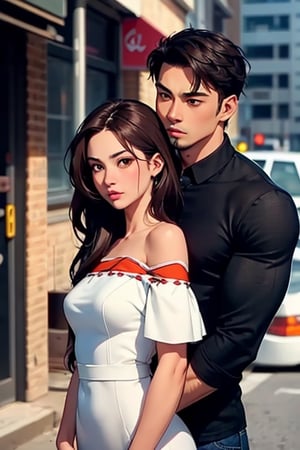 (masterpiece,  best quality:1.4).
A portrait of a woman looking at a man with hope on the street,

Woman (sweet, brown long hair, brown eyes, off-the-shoulder white dress), BREAK, Asian Handsome muscular Man (black hair, neat, black shirt, fierce, aggressive),